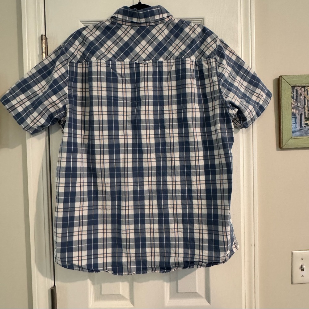 Hurley Men's short sleeve button up shirt plaid blue, white, peach - Picture 2 of 9